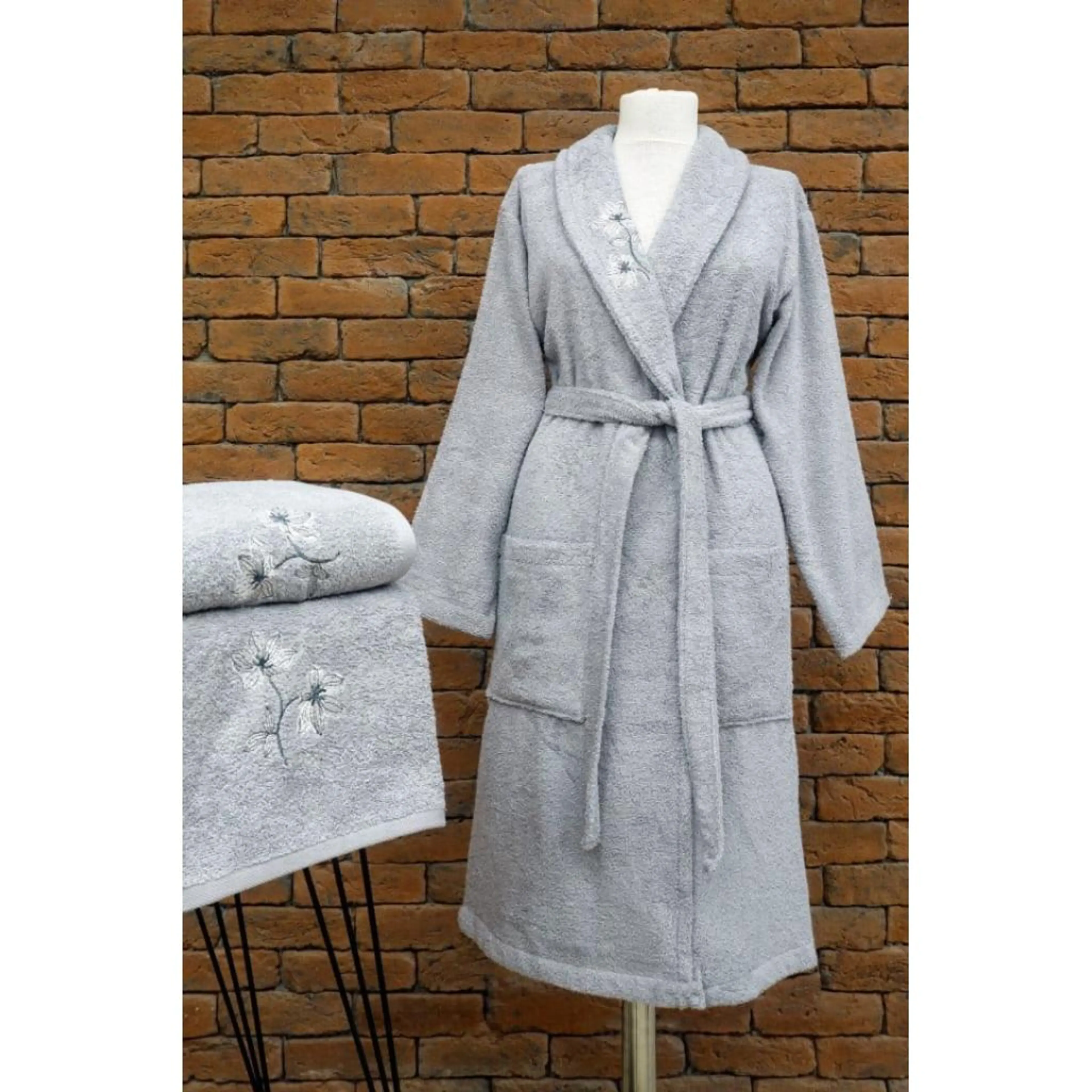 Комплект Халат KAZEL, Kimono + 2 кърпи подарък, сив